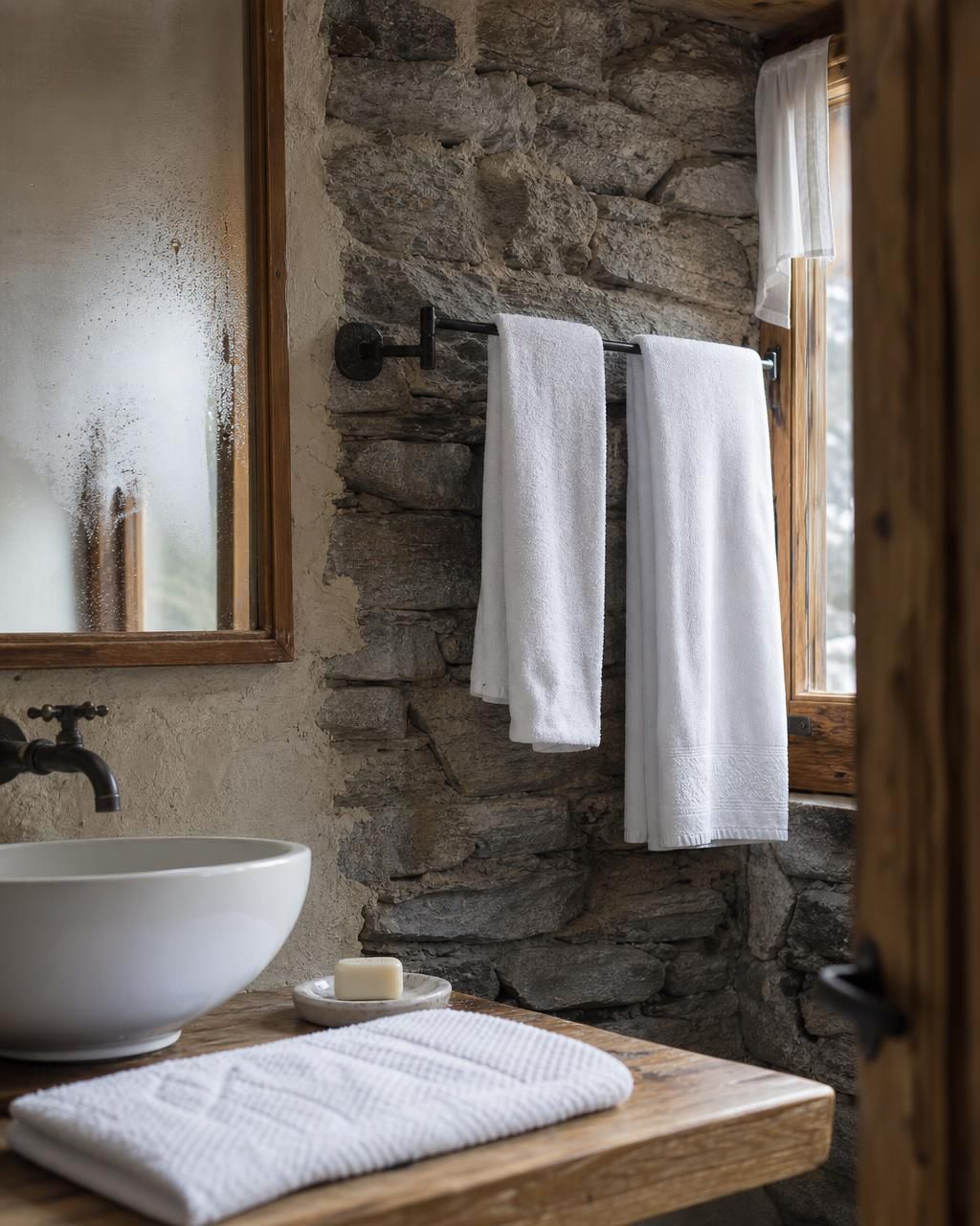 Serviettes de bain blanches dans une salle de bain de chalet